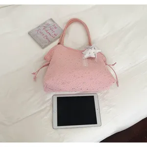 Pink star print tote bag for women, large capacity casual shoulder bag, stylish Korean style.