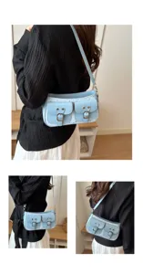 Borsa a tracolla retrò azzurro chic da donna, elegante borsa baguette con tasche doppie.