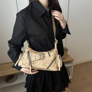 Retro motorcycle shoulder bag for women, distressed PU leather crossbody bag with chic buckles.