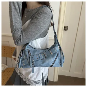Vintage Y2K motorcycle shoulder bag for women, distressed PU leather purse with metal buckles.