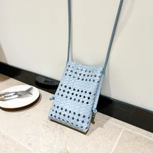 Light blue woven mini crossbody bag, chic cut-out phone shoulder bag for summer daily.