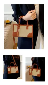 Detalle de bolso de paja tejida que muestra el estilo de mano y correa de hombro ajustable.