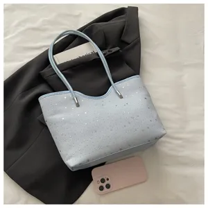 Korean style fashion blue tote bag with silver stars pattern, large capacity commuter bag.