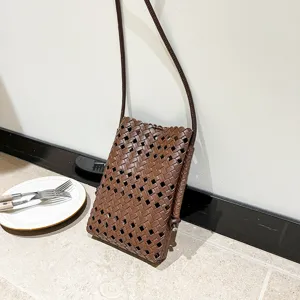 Brown woven hollow crossbody phone bag, stylish mini shoulder bag for casual summer daily wear.