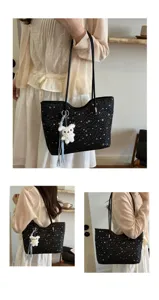Black star tote bag with cute plush pendant, stylish shoulder bag for women daily commute