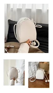 Vista di dettaglio del mini zaino bianco elegante, borsa a tracolla minimalista.