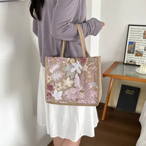 Schicke Pailletten Stickerei Jute Tote Bag Sommer Damen Mode Freizeit Handtasche