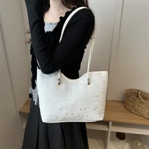 White star print shoulder tote bag, minimalist design, spacious daily commuting handbag.