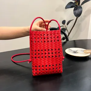 Fashion Hollow Woven Crossbody Mini Shoulder Bag Premium PU Leather Casual Cell Phone Pouch Bucket Shape Handbag for Women