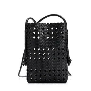 Black woven leather mini crossbody bag, chic hollow out phone pouch for women daily use.