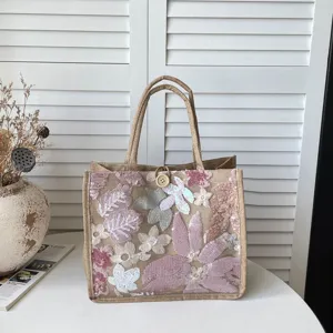 Modische Jute-Tragetasche mit Pailletten-Blumenstickerei, große lässige Damentasche Sommer.
