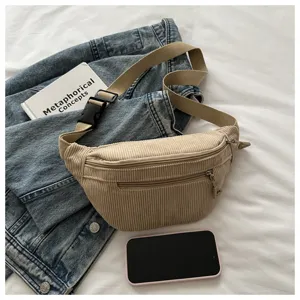 Corduroy chest bag detail, casual daily crossbody bag with zipper pockets and adjustable strap.