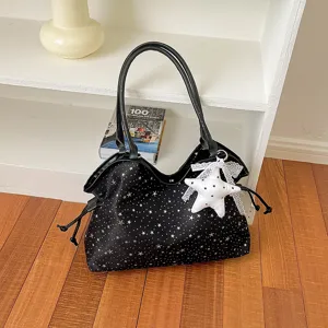 Schwarze Sternenmuster grosse Kapazitaet Shopper Schultertasche mit Sternanhaenger fuer Damen