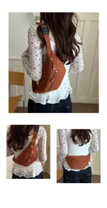 Corduroy crossbody chest bag detail view, brown canvas casual daily shoulder bag for women.