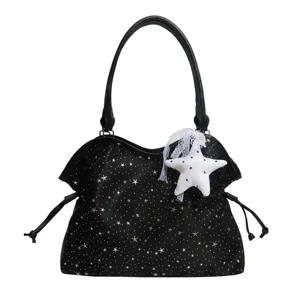 Black star print tote shoulder bag with cute star pendant, stylish large capacity purse.