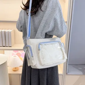 Casual minimalist large capacity ita messenger bag with transparent pocket for daily school.