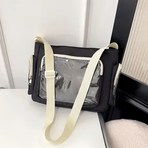 Black crossbody ita bag with clear transparent front pocket casual messenger shoulder bag for daily use