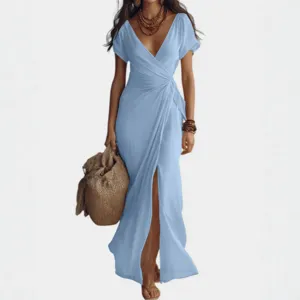 Robe longue maxi portefeuille unie col V avec fente, élégante robe d'été en mousseline.