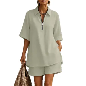 Sage green women short sleeve zip shirt and loose shorts two-piece casual summer outfit