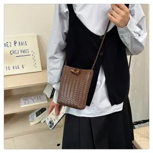 Woven mini crossbody bag for women autumn fashion brown shoulder phone bag daily casual chic