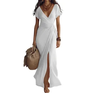 Robe longue en mousseline unie à col en V, taille haute et fente pour femmes.