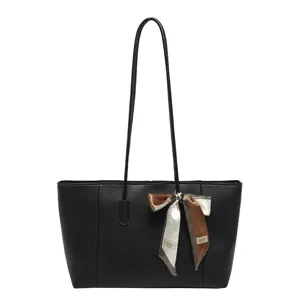Elegante borsa tote nera grande capacità borsa a spalla con fiocco di sciarpa in seta