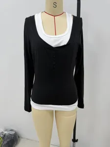 Donna manica lunga finto due pezzi t-shirt nero bianco contrasto slim top casual moda