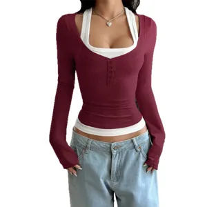 Stile Y2K Donna Finto Due Pezzi Manica Lunga T-Shirt Slim Fit Casual Bordeaux Top