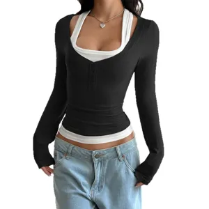 Donna Y2K finto due pezzi maglietta manica lunga slim sexy crop top con bottoni.
