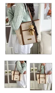Bolso tote tejido de gran capacidad estilo coreano con detalles de cuero y colgante.
