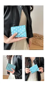 Light blue polka dot wallet detail shot, stylish mini card holder and chic coin purse for daily use.