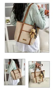 Korean style large capacity canvas tote bag for women retro casual shoulder handbag with bear