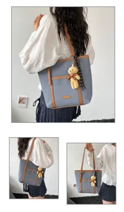 Bolso tote de hombro azul tejido con detalles marrones, bolso grande para trabajo.