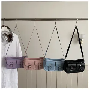 Borsa a tracolla retrò con doppia tasca, elegante borsa baguette in pelle PU.