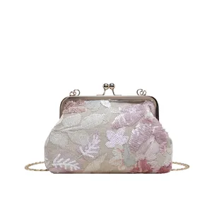 Bolso bandolera elegante bordado con cierre de beso lentejuelas florales cadena.