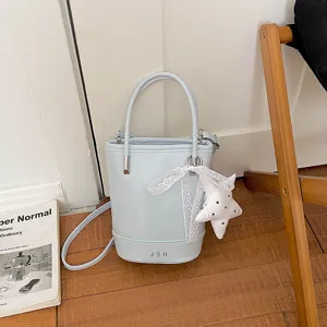 Korean Niche Designer Chic PU Leather Bucket Bag Stitching Large Capacity Casual Shoulder Crossbody Bag With Star Pendant For Women