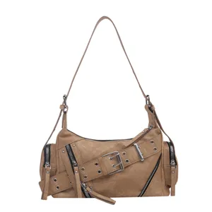 Vintage motorcycle shoulder bag with metal buckles, multi-zipper Y2K large capacity tote.