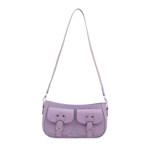 Moderna borsa a spalla viola da donna, elegante borsa baguette con due tasche frontali.