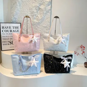 Damen Große Polyester Sternenprint Tragetasche Lässig Strass Handtasche Schultertasche Für Alltag Reise Pendeln
