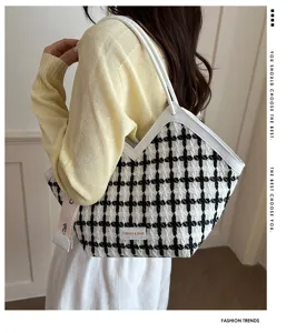 Stijlvolle dames zwart wit tweed schoudertas grote capaciteit shopper handtas detail