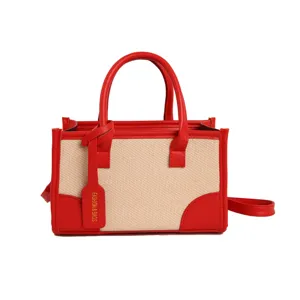 Bolso tote de lona rojo y beige para mujer, elegante bolso bandolera con asa superior.