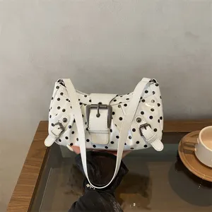 Vintage Polka Dot PU Leer Schoudertas Voor Dames Klinknagels Motorfiets Onderarmtas Gürtelschnalle Genaaid Handtas Dagelijks Casual Tas