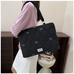 Japanese cute quilted laptop bag with blue bows, soft shoulder bag for 13 11 inch notebooks.