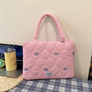 Korean Style Quilted Nylon Laptop Bag With Bow Embroidery Cute Puffy Tablet Storage Bag Trendy Women Shoulder Bag