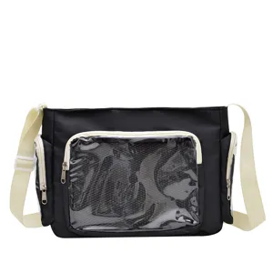 Black canvas messenger bag with clear ita pocket, large capacity school crossbody bag for girls.