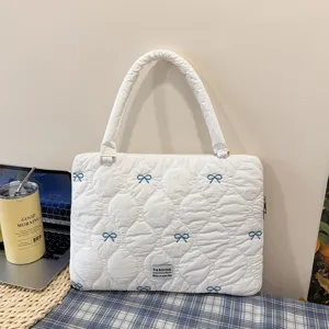 White quilted laptop bag with blue bows, cute puffer sleeve for 13 11 inch notebook.
