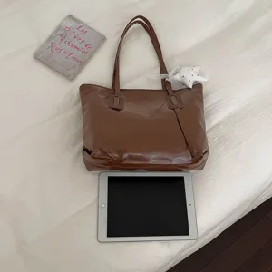 Sac cabas marron brillant pour femme grande capacité en cuir PU sac porté épaule élégant fourre-tout