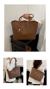 Borsa shopper marrone in pelle PU con ciondolo a fiore, grande borsa a spalla casual.