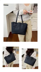 Borsa tote tinta unita elegante da donna, grande borsa a spalla con ciondolo a fiore chic.