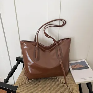 Sac Cabas de Grande Capacité en Cuir PU Rétro pour Femmes Mode Sac à Épaule Surpiqûre Navette Fermeture Éclair Sac Seau Sous-bras